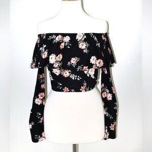 Off the Shoulder Black and Pink Floral Ruffle Cropped Blouse
